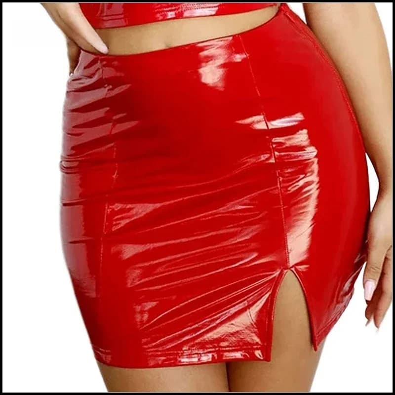 Mini jupe taille haute en similicuir PU brillant pour femme, jupe crayon mince, ourlets fendus sur le côté, jupes de batterie personnalisées, rouge, dame, sexy