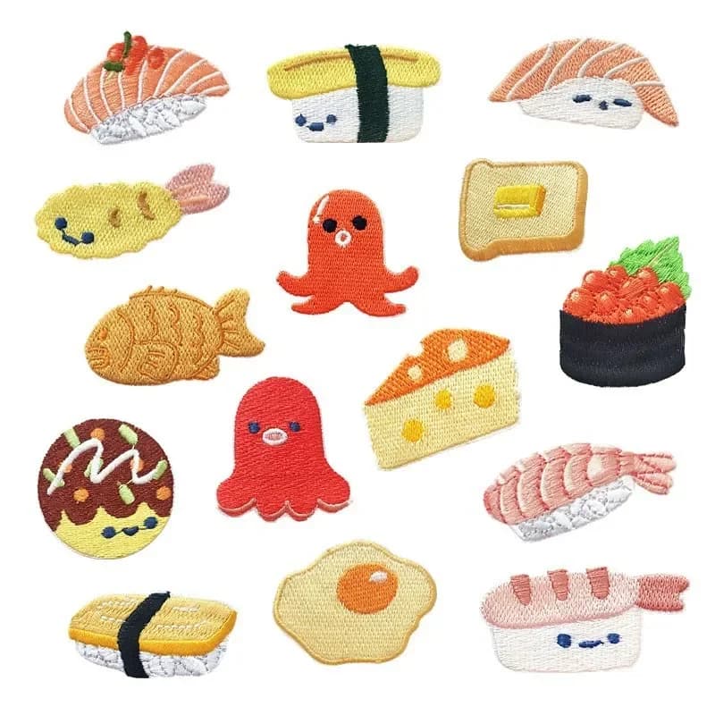 Patch brodé thermocollant motif Sushi Saumon et Œuf Poché, Badge en tissu mignon pour DIY, coques de téléphone et accessoires vestimentaires