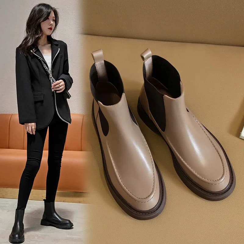 Bottines Chelsea à enfiler en cuir véritable pour femmes, Style britannique rétro, bottines à la mode, bout rond plat avec chaussures pour femmes