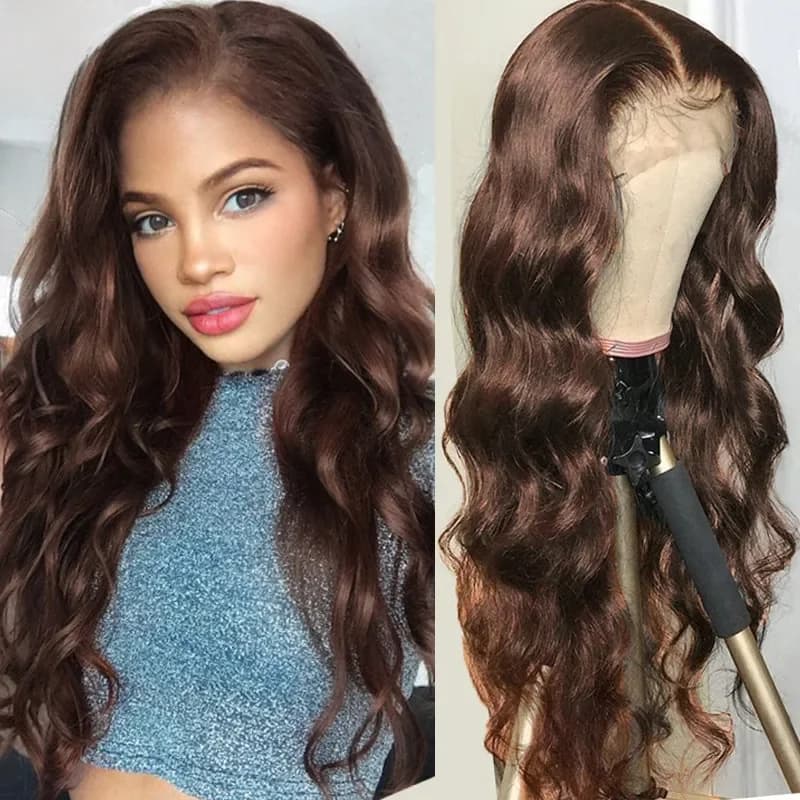 HairUGo – perruque Lace Closure wig péruvienne naturelle, Body Wave, brun, chocolat, 4x4, pour femmes