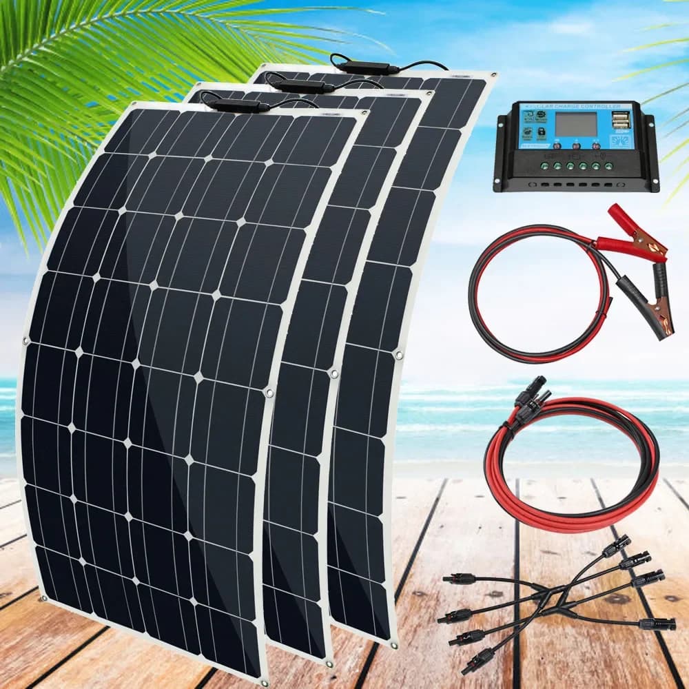 Kit de panneaux solaires flexibles monocristallins haute efficacité 12V 100W 200W 300W pour batterie 12 volts, camping