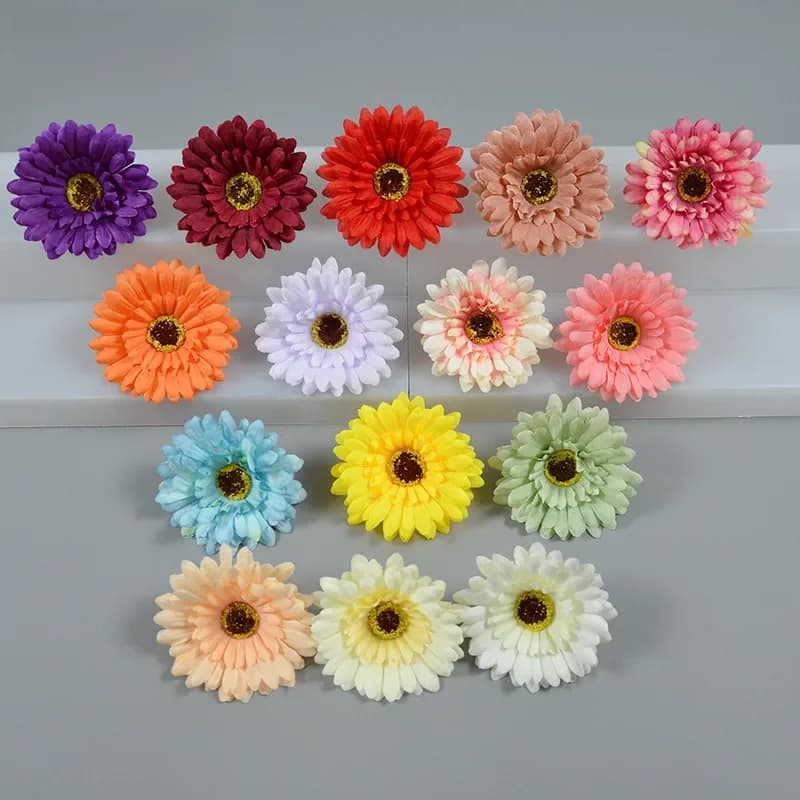 50 têtes de fleurs artificielles en soie de 10 cm, gerbera, grysanthème, marguerite, pour accessoires de cheveux DIY, décoration de mariage, maison, jardin, bouquet