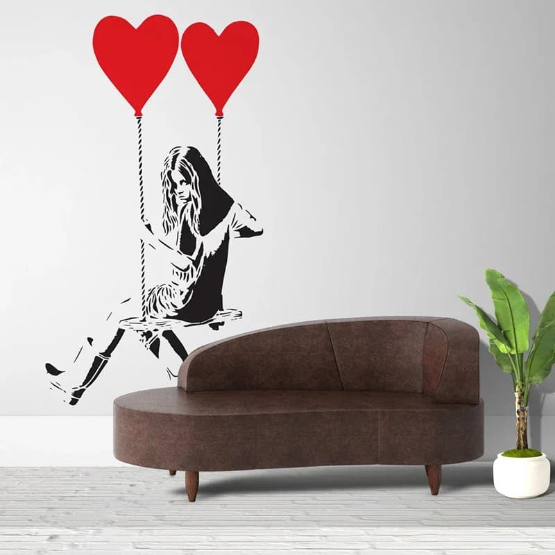 Banksy Swing fille avec coeur ballon autocollant mural chambre d'enfants salon Graffiti ballon Air chaud Pop Art fille autocollant mural