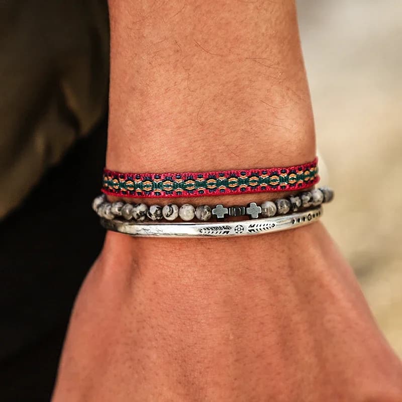 Bracelet plaqué argent 925 réglable pour hommes, 3 pièces/ensemble, pierre naturelle, carte, perles, corde à nœud de bouddha tibétain, bijoux cadeau