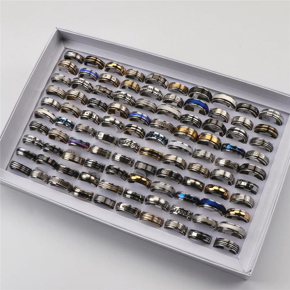 Bagues en acier inoxydable pour hommes et femmes, anneaux rotatifs, bijoux à la mode, mélange de styles, 50 pièces/lot
