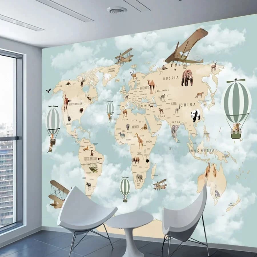 Papiers peints adhésifs pour la décoration intérieure, art mural, papiers peints à peler et à coller pour le salon, carte du monde de dessin animé, ballons, chambre d'enfant, murales pour bébés