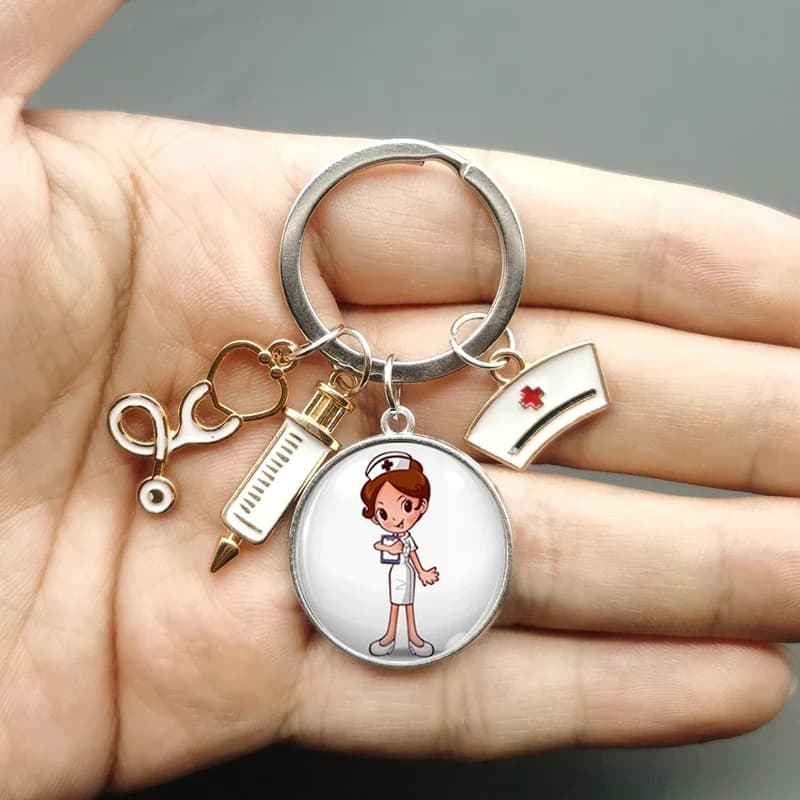 Porte-clés en verre avec image de stéthoscope de seringue médicale, porte-clés, pendentif, peinture, créatif, mode, adapté aux infirmières et aux médecins, cadeau
