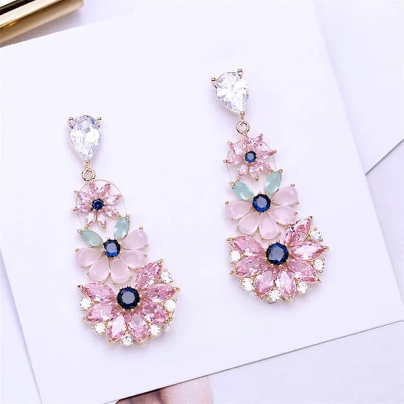 Boucles d'oreilles pendantes en cristal bohème pour femmes, goutte de goutte de document en argent, bijoux de style casque rose, mode de luxe
