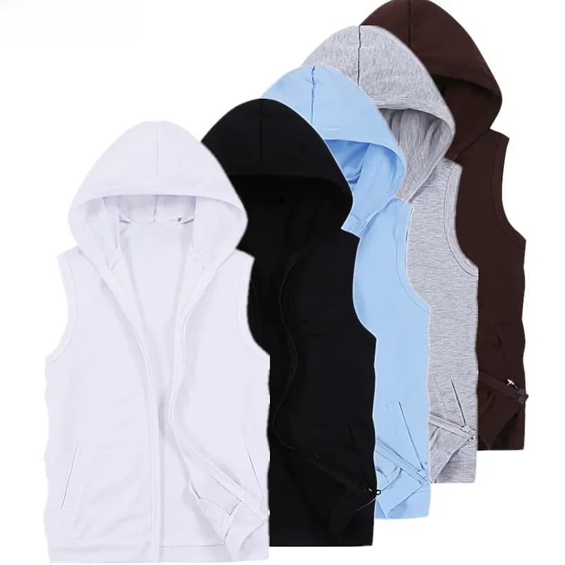 Veste sans manches à capuche pour homme, été 2026, tailles asiatiques M-5XL, noir, bleu, blanc, gris, avec fermeture éclair, veste décontractée pour homme, coupe ajustée