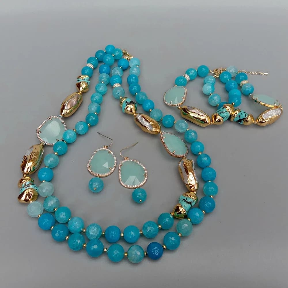 Ensemble collier et boucles d'oreilles en perles de cristal Biwa, agate à facettes bleues, turquoise, perle blanche de culture, 2 rangées