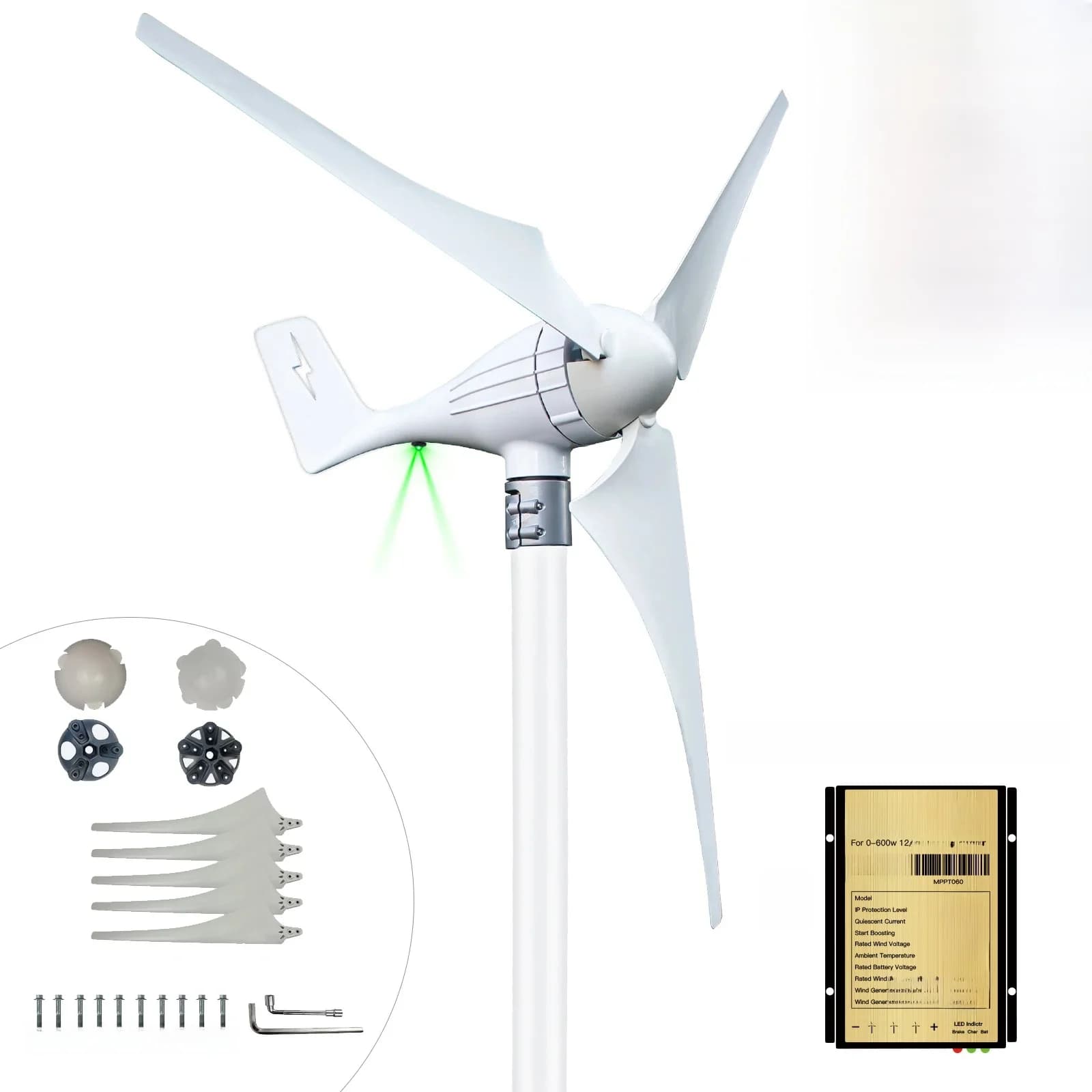 Turbine éolienne 600W 12V 24V, générateur 3 ou 5 pales 12 M/S, moulin à vent à basse vitesse, indicateur lumineux LED avec contrôleur de Charge MPPT gratuit