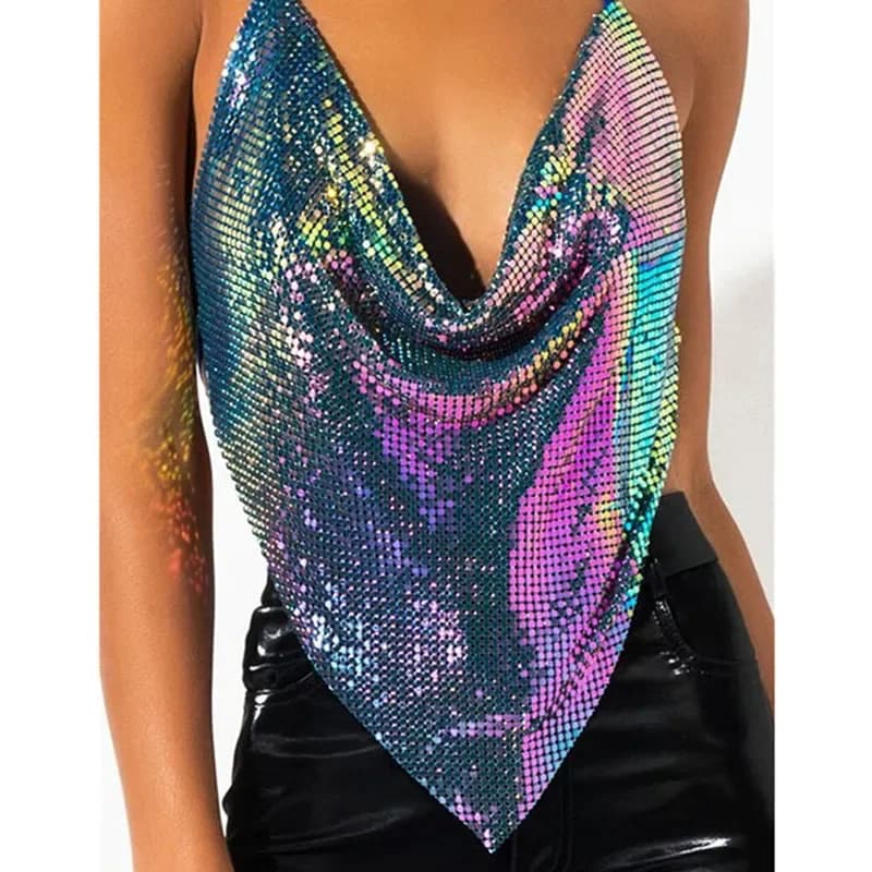 Crop top Sexy sans manches en métal pour femmes, nouvelle collection, dos nu, paillettes, couleur unie, ajouré, col en V, chaîne réglable, boîte de nuit