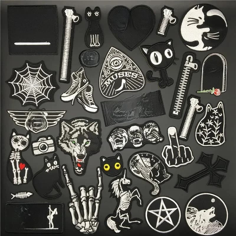Patchs de crâne de fermeture éclair de chat loup pour vêtements, Appliques de rayures, Badges de broderie de texte noir, autocollants de vêtements de couture, patchs à repasser