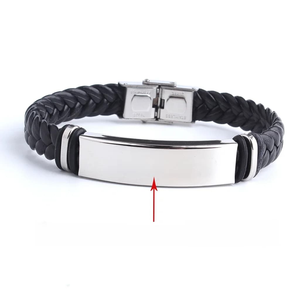 Bracelet en cuir personnalisé avec nom et logo de sésame noir, bracelets en acier inoxydable personnalisés pour femmes et hommes, bracelet d'identification
