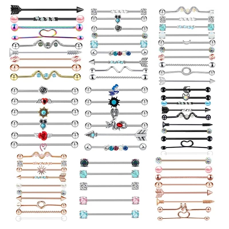 Ensemble de Piercing Industriel en Acier Inoxydable en Forme de Cœur, Flèche, Barbell, Lot, Clip, Barre, Boucle d'Oreille en Vrac