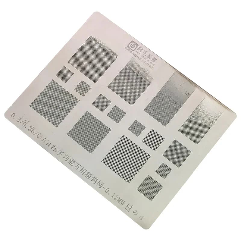 AMAO Pochoir BGA universel multifonctionnel à trous de 0.3/0.35/0.4/0.5/parallèles/45 degrés, 0.12MM, pour soudure à chaleur directe et réparation