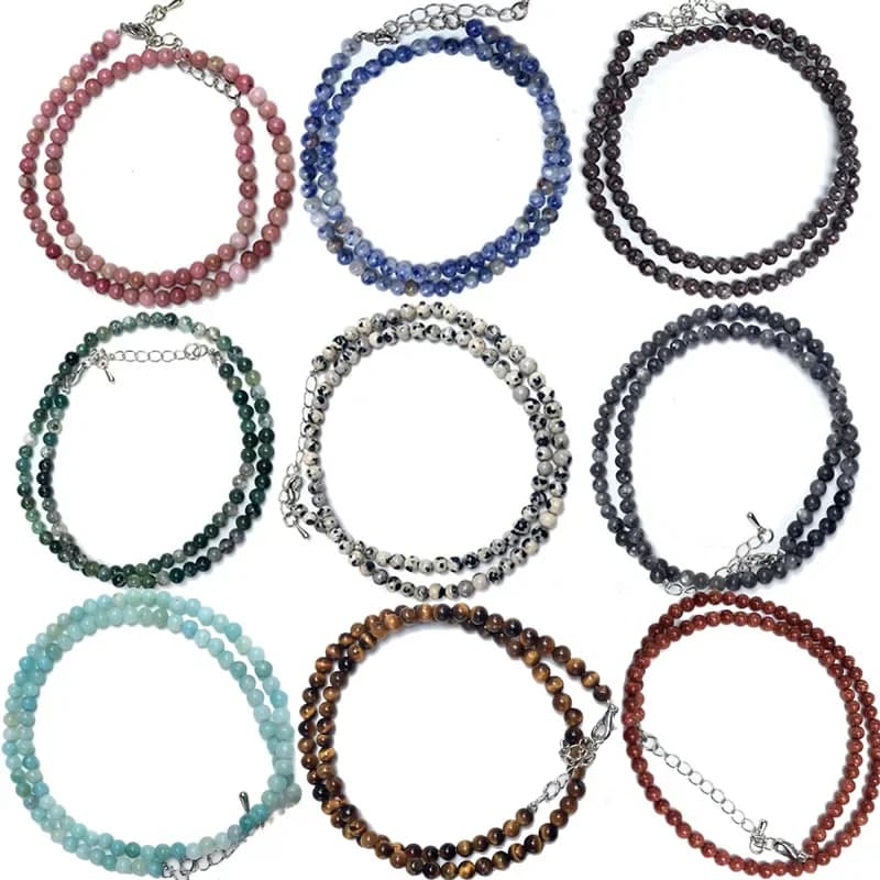 Collier de perles naturelles 4 mm en œil de tigre, sodalite, amazonite, labradorite – Plusieurs couleurs – Cadeaux pour filles – Bracelet et ras-de-cou tendance