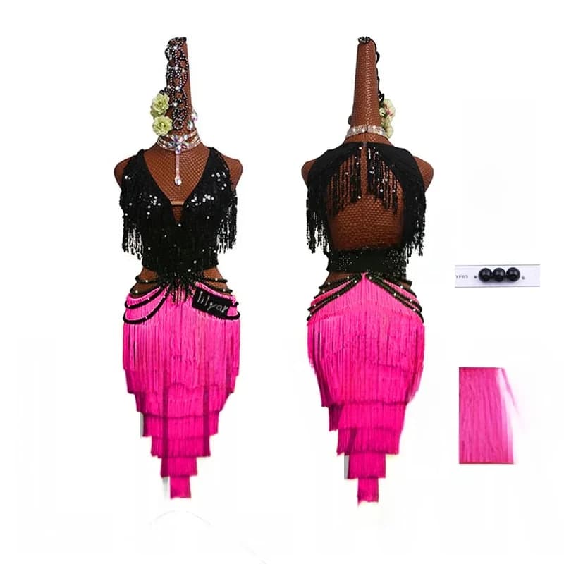 Nouvelle concours de danse latine Performance adulte personnalisé Rose gland perle robe de danse à paillettes