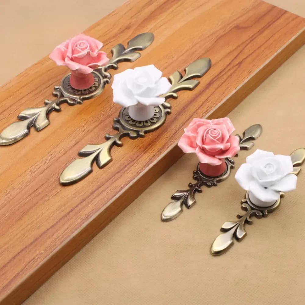 Poignée de meuble vintage, bouton de porte, poignée de tiroir, poignée de placard de cuisine, poignée en céramique en forme de rose, quincaillerie rétro