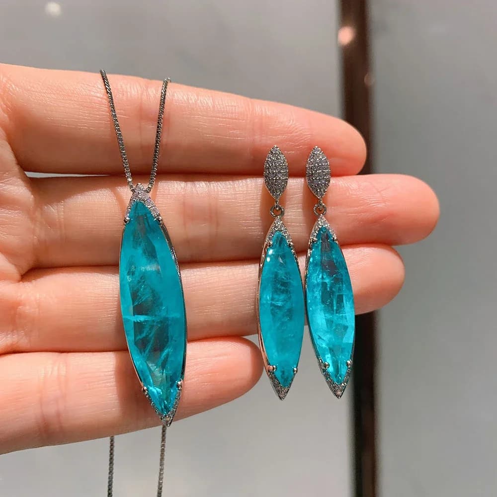 Collier et boucles d'oreilles en Tourmaline Paraiba bleue, pendentif en pierres précieuses, ensembles de bijoux de luxe, cadeaux pour femmes, accessoires Vintage, 2021