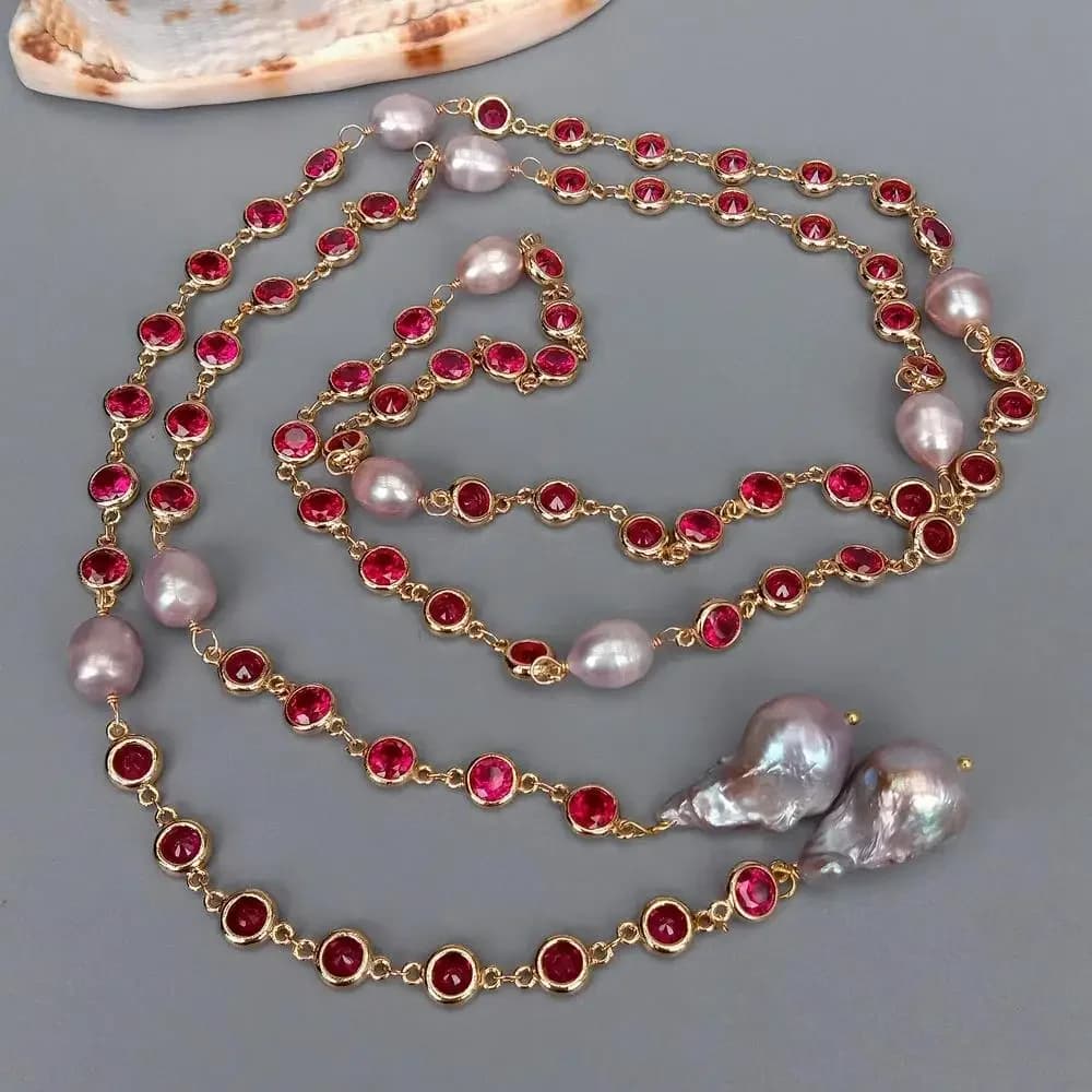 Y.YING-Collier Long Pave JOLong, Perle Keshi Violette de Culture, Po Document Cz, 49"