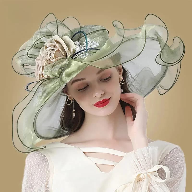 Chapeaux Fascinateurs à fleurs élastiques pour femmes, tri Derby, chapeau de soleil en organza, grand Fedoras élégant pour dames, bord large, mariage, mariée, église, 2024