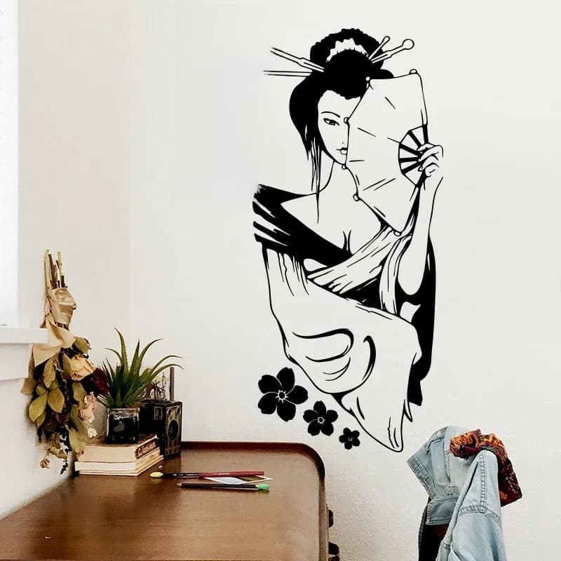 Autocollant mural Geisha Janpan, fille manga, aucune fleur, décalcomanie pour chambre d'enfant, salon, Anime financièrement fille, décor de chambre