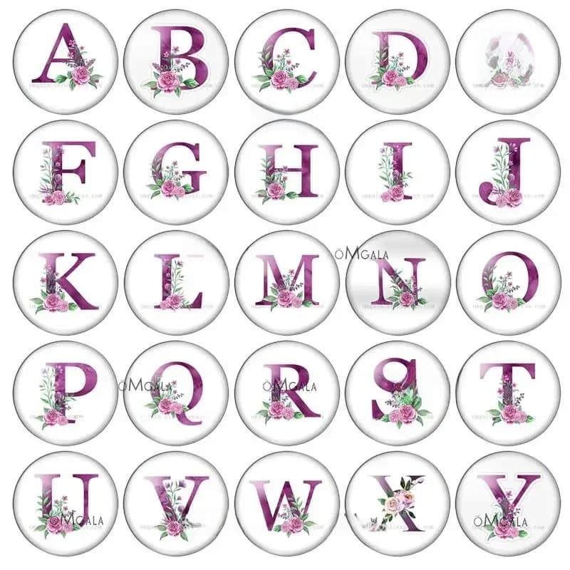 A-Z 26 lettres imprimées 8-30 MM fleurs violettes lettre cadeau d'anniversaire photo ronde cabochon en verre démo dos plat résultats de fabrication