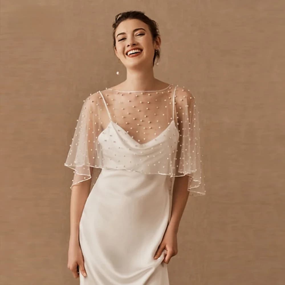 TOPQUEEN G27 boléro femmes veste Cape perles passepoil perlé col rond sans manches Cape mariée châle veste pour robe de soirée bricolage