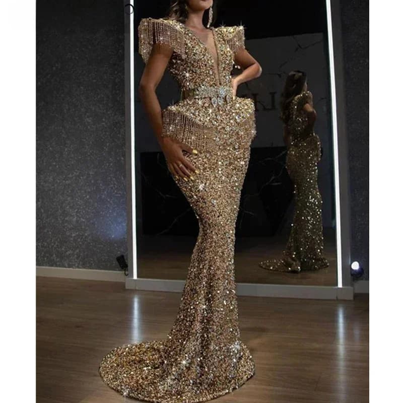 Robe de Soirée Sexy à Paillettes et Pompon pour Femme, Tenue de Banquet Slim, Long Gril Lugentolo, Printemps Automne