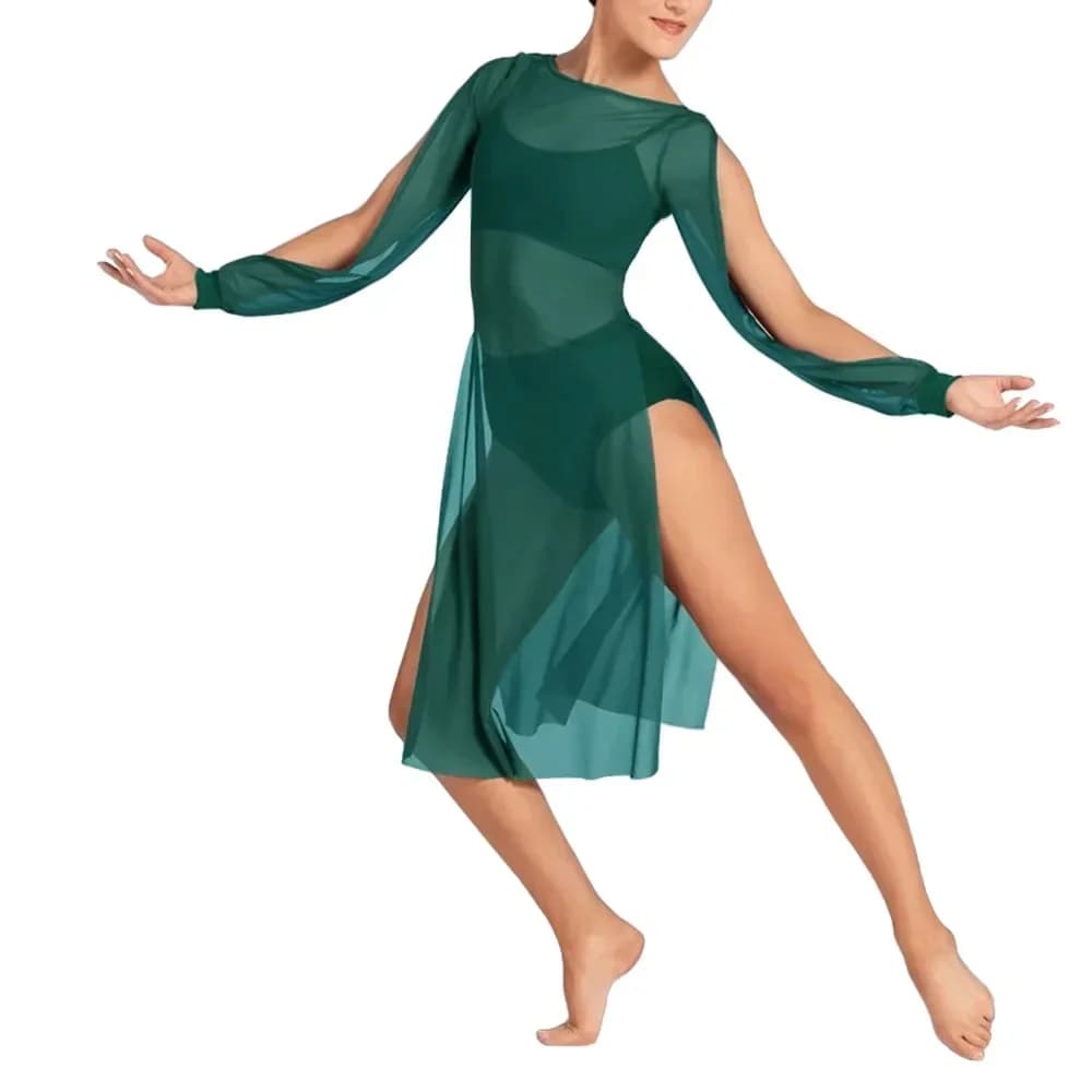 MiDee – robe en maille à manches bouffantes pour femmes, Sexy, transparente, col bateau, jupe haute fendue, Costume de scène de danse du ventre de Ballet moderne pour filles