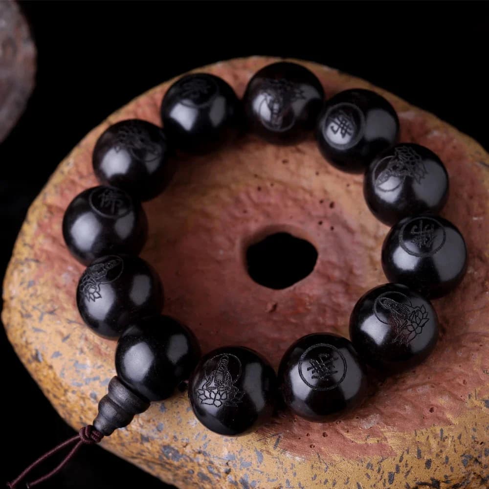Perles de Prière en Bois Noir Naturel, Bracelet Bouddhiste Tibétain Ma, Chapelet, Bijoux