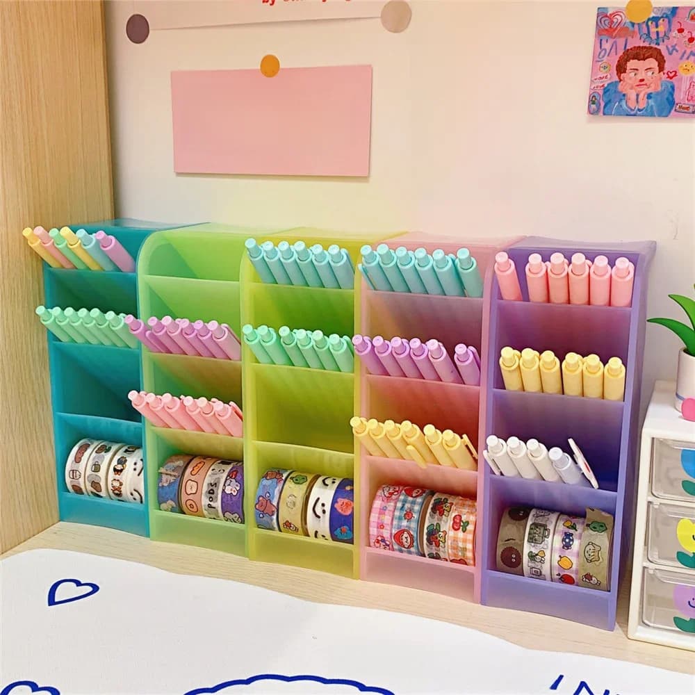 Porte-stylo de bureau couleur bonbon, 4 grilles, Kawaii, petits pinceaux de maquillage, rouge à lèvres, stylos, organisateur de rangement, papeterie scolaire