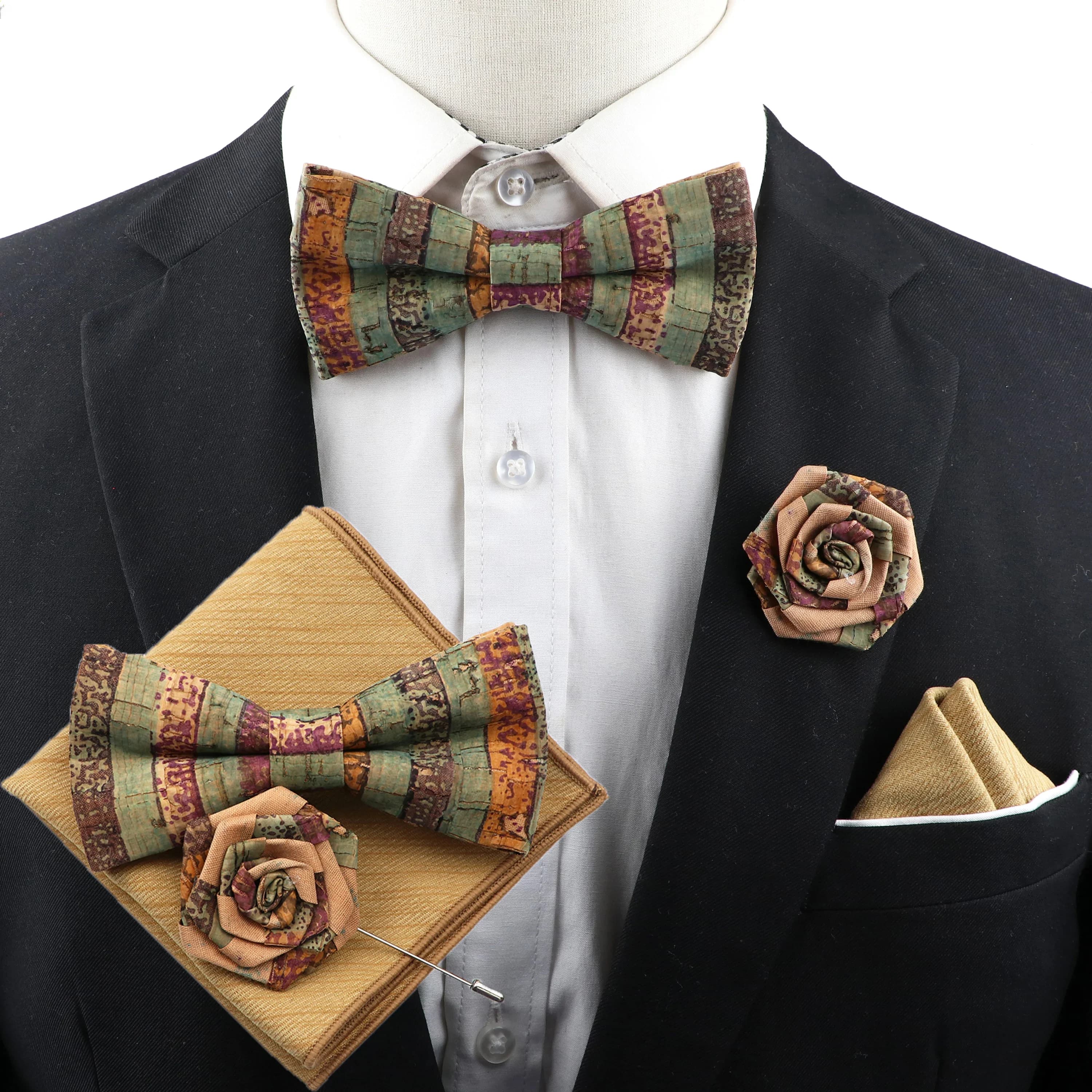 Ensemble de nœuds papillon en bois de liège pour hommes, nouveauté, broche florale faite à la main, couleur unie, pour marié, fête de mariage, accessoires de costume rétro, nouvelle collection