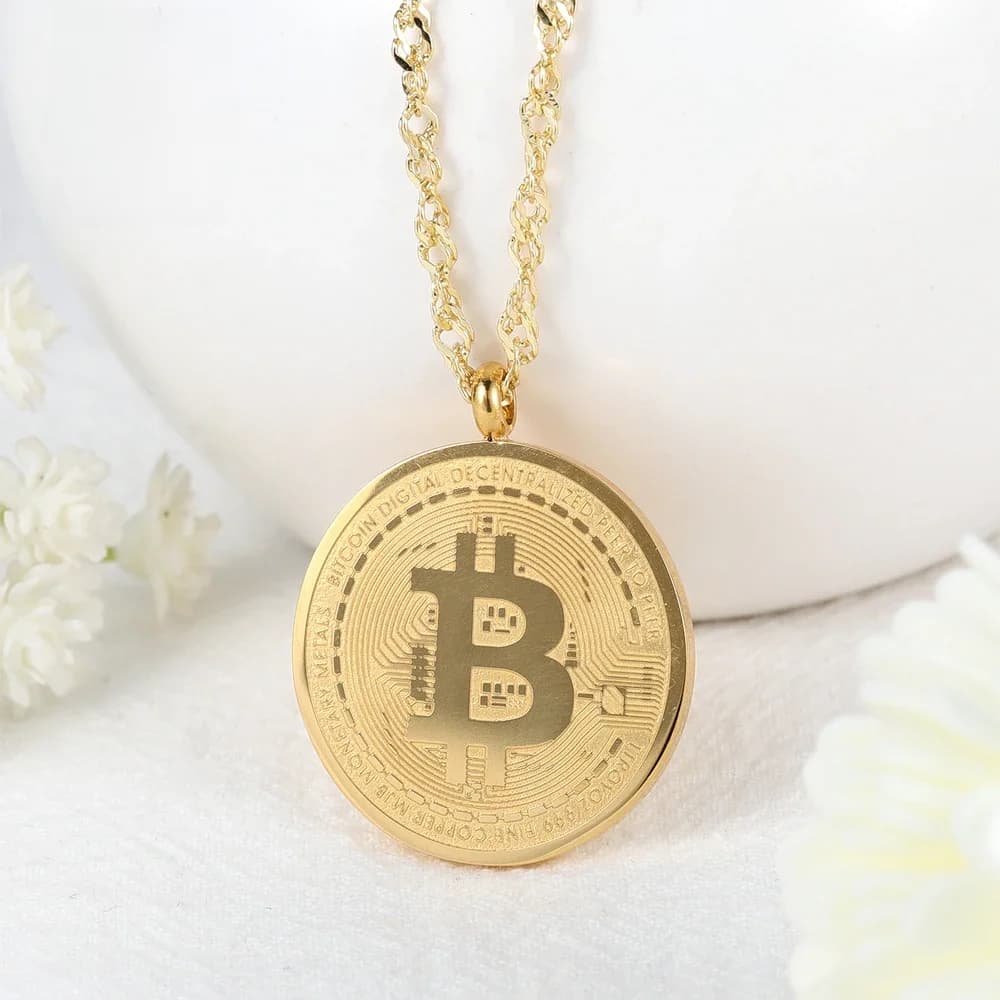 Collier pendentif Bitcoin en or pour hommes et femmes, personnalisé, plaqué or 18 carats, en acier inoxydable, bijoux pour femmes
