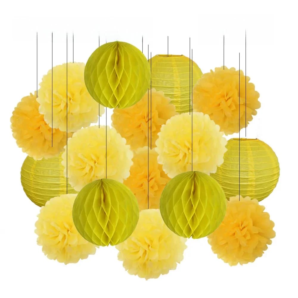 Lanterne Ronde Pliante en Papier Jaune pour Bébé Garçon et Fille, Décor de ixde 2e Anniversaire, Mariage, Baptême, Bricolage, Pompon en Tissu, Nid d'Abeille