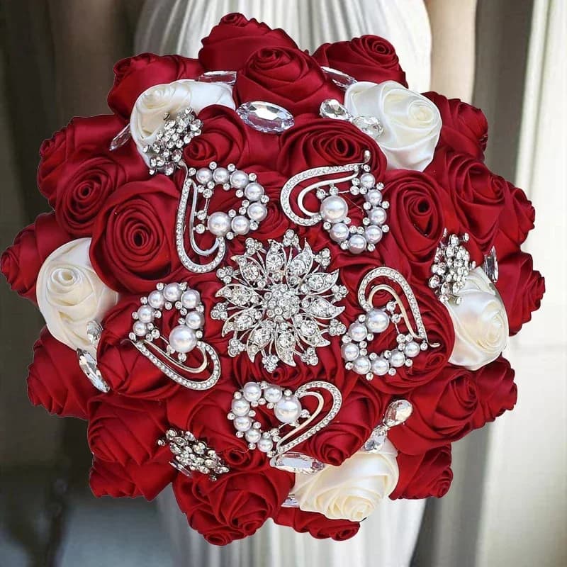 Bouquet de Mariage Rouge avec Ruban Artificiel, Or, Argent, Diamant, Perle, Décoration pour Patients, Rose, 1 Pièce/Lot