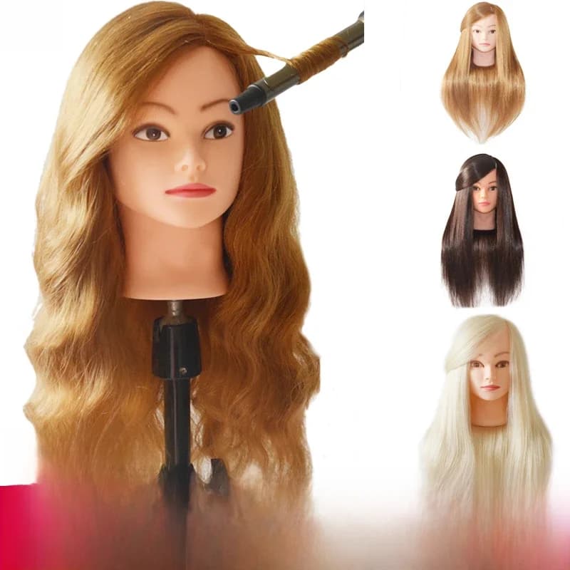 tete a coiffer professionnelle cheveux humains et cheveux synthétiques, mélange, poupée de style professionnel, fer à friser chaud, formation à la lissage