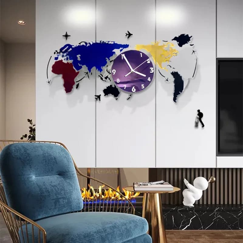 Grande horloge murale décorative sans cadre, carte du monde, horloge murale avec mouvement silencieux, décoration de bricolage moderne pour la maison, autocollant