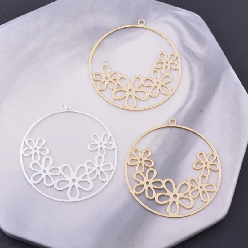 Breloques rondes en forme de fleur, couleur or clair, pendentif fin, plaqué argent, résultats de boucles d'oreilles, 6 pièces