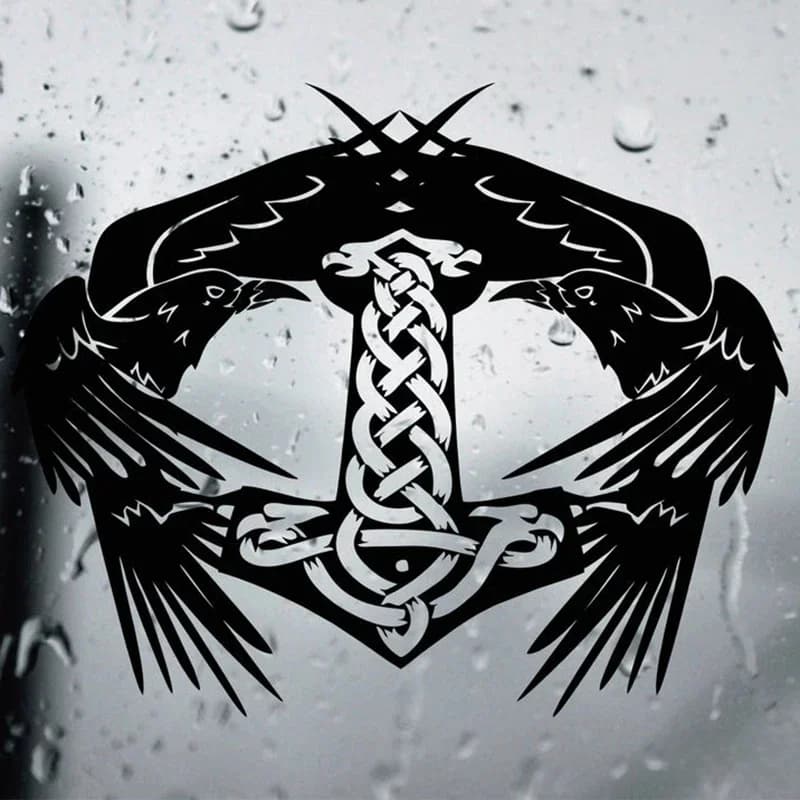 Autocollant mural en vinyle pour chambre à coucher, dessin animé Thor Hammer Vikings, Mjölnir et Huginn & Munin