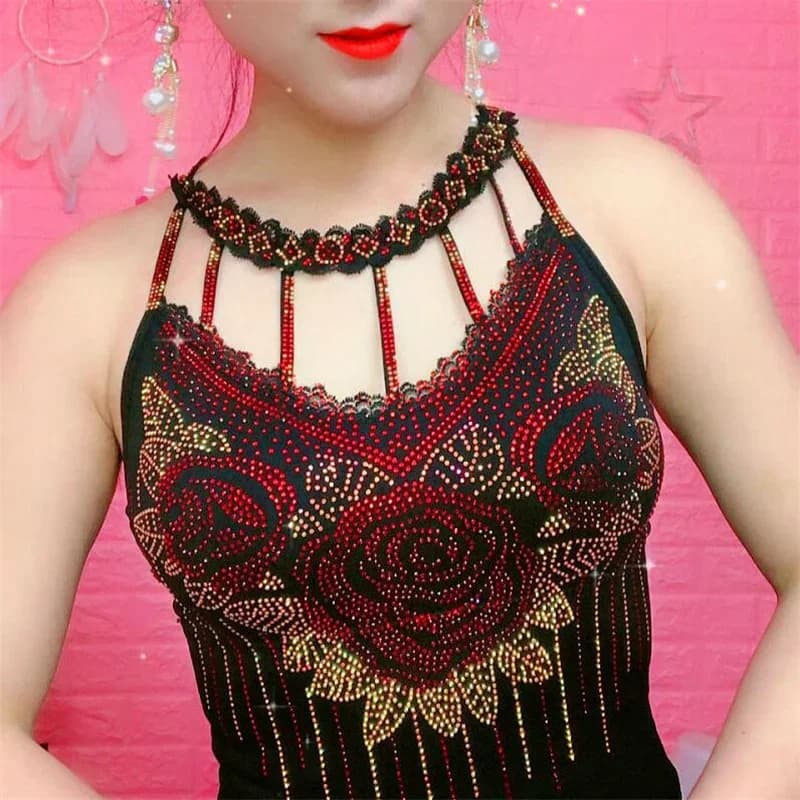 Diamant Camisole Féminin Chemisier Rose Fleur Hauts 2024 Été Vêtements Chauds Net Rouge Beauté Dos Bas Chemise Tide Femmes Sling Top