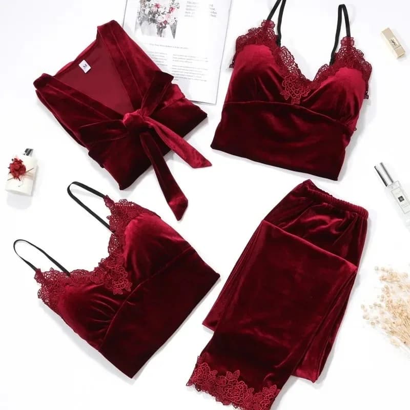 Automne velours femmes 4 pièces Pyjamas ensemble vêtements de nuit bordeaux velours peignoir vêtements de nuit dentelle Patchwork Pijamas costume Sexy déshabillé
