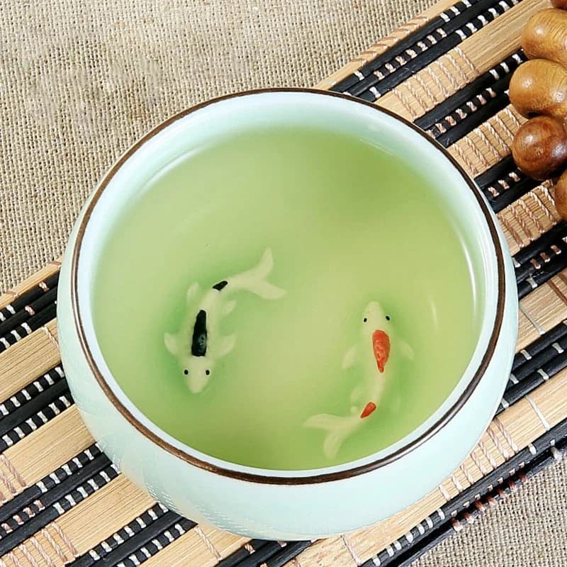 45 ml/80 ml peint à la main en céramique en relief Double carpes tasse à thé Longquan céladon poisson Luohan Vintage tasses personnelles vert bleu