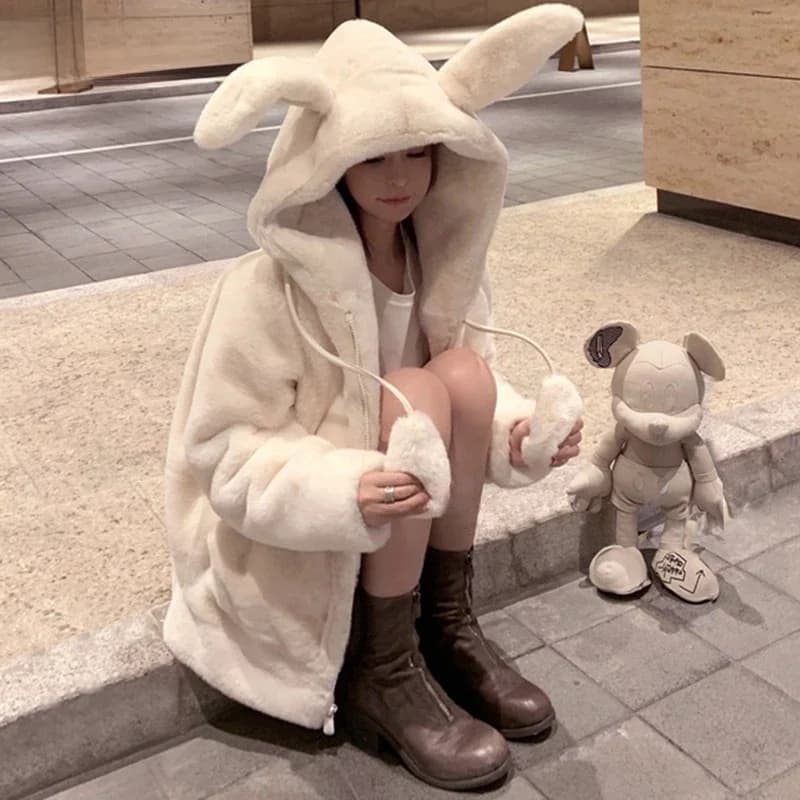 Nerazzurri – veste moelleuse de printemps avec oreilles de lapin, manches raglan, fermeture éclair, surdimensionnée, légère et douce, style Harajuku Kawaii, fausse fourrure, 2021