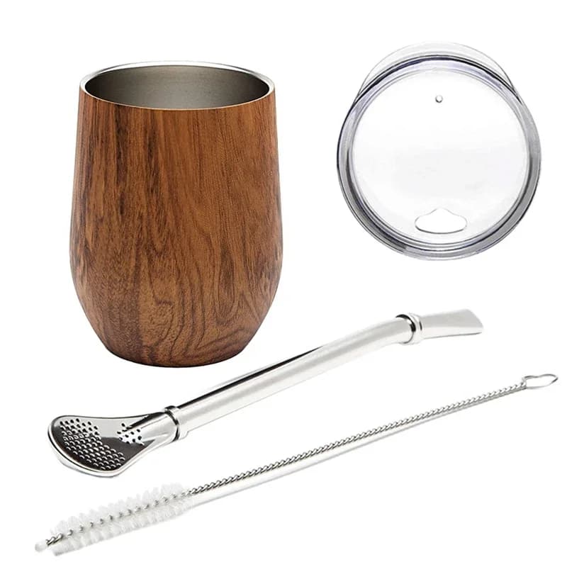 Yerba Mate gourde ensemble de tasses à thé 12Oz, tasse d'eau à café en acier inoxydable à Double paroi avec couvercle 1 Bombillas pailles filtre cuillère et brosse
