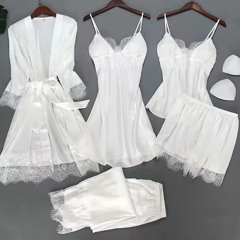 Blanc 5 pièces ensemble de sommeil Pyjamas dame dentelle Satin Pyjamas Kimono robe de bain vêtements de nuit amples maison vêtements col en v vêtements de nuit décontractés
