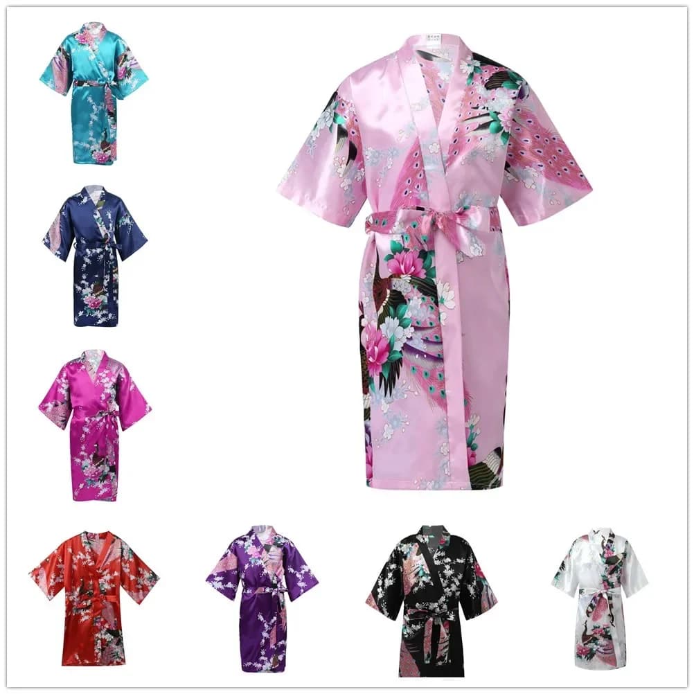 Robe Kimono en Satin pour Fille, Vêtements de Nuit, Peignoir Imprimé de Fleurs de Paon, Chemise de Nuit pour Enfants, pour ixde Spa, Mariage, Anniversaire