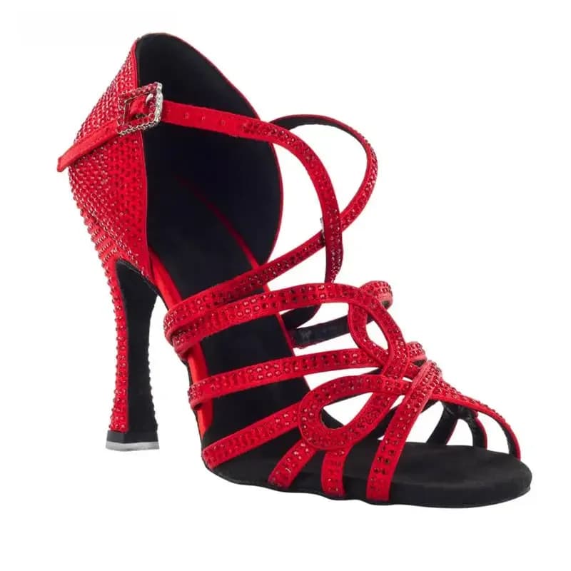 Chaussures de danse en Satin rouge et cristal pour femmes, semelle extérieure en daim de haute qualité, chaussures de danse latine d'intérieur personnalisées, nouveau Style 2021