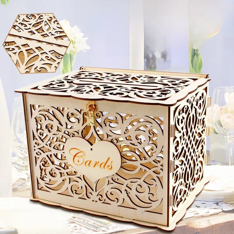 Boîte à cartes de mariage en bois, bricolage, caissons d'argent pour Couple avec serrure, motif Floral creux, décoration de mariage, enveloppe cadeau, fournitures d'anniversaire